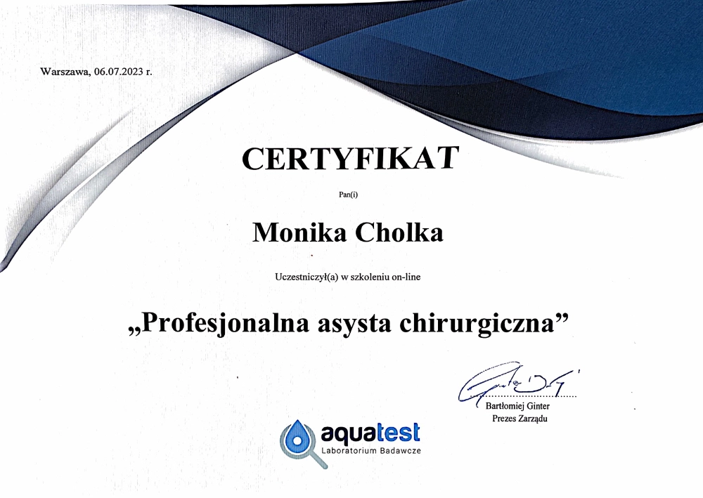 certyfikat Moniki Cholko