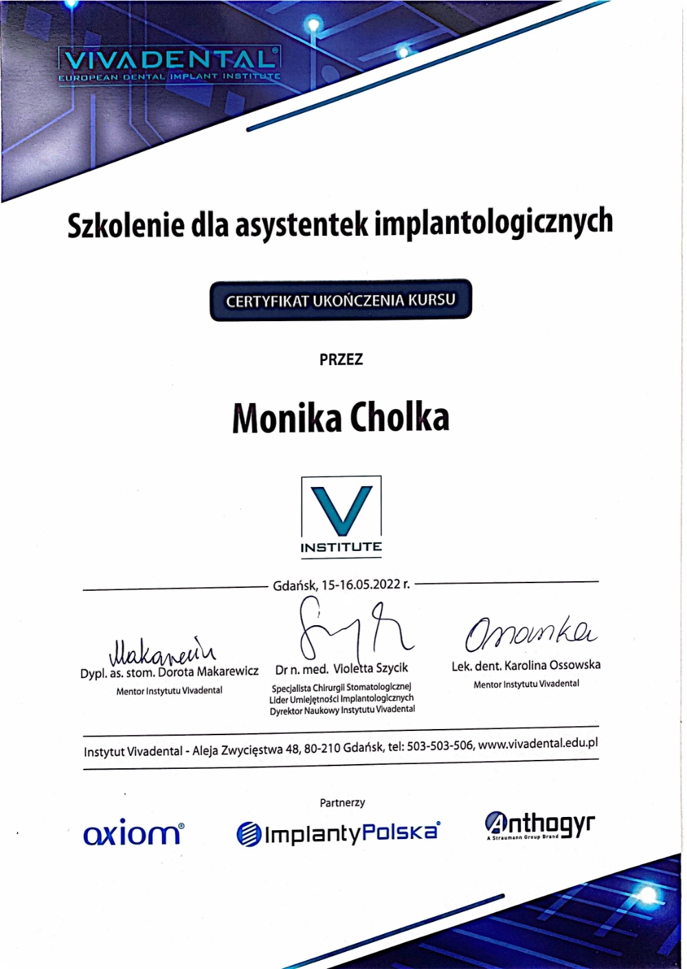certyfikat Moniki Cholko